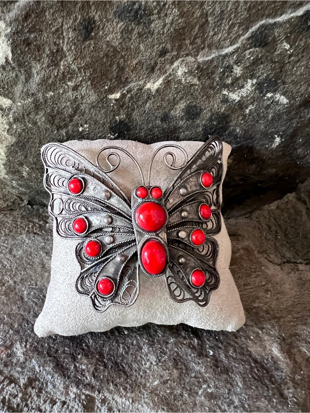 Vintage 70’s Filagree Metal Butterfly Hair pin pendant with Red Cabochon Stones